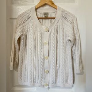 L.L. Bean Women's White Cable Knit 3/4 Sleeves  Cotton Cardigan Size M